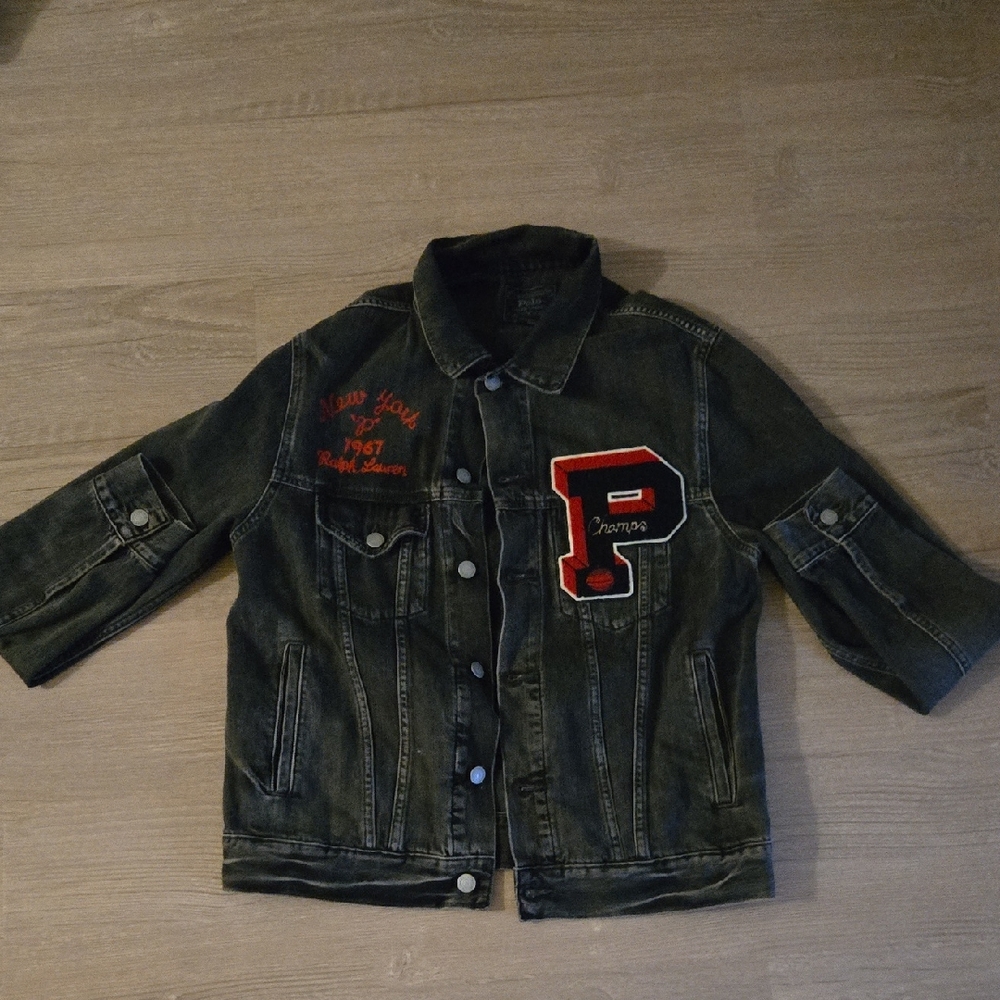 Ralph Lauren Mens Gray Denim Jacket with Red Patch